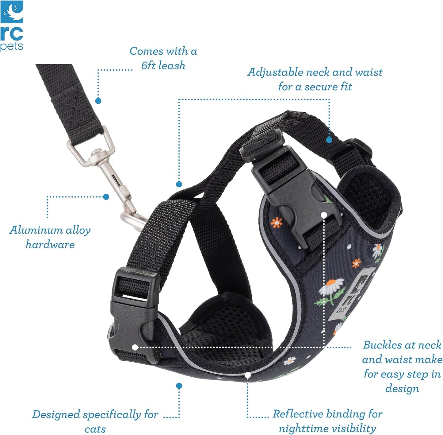 RC Pets Adventure Kitty Cat Harness | Adjustable Airmesh Vest with D-Ring and 6Ft Leash for Walking and Travel | Daisies, Medium