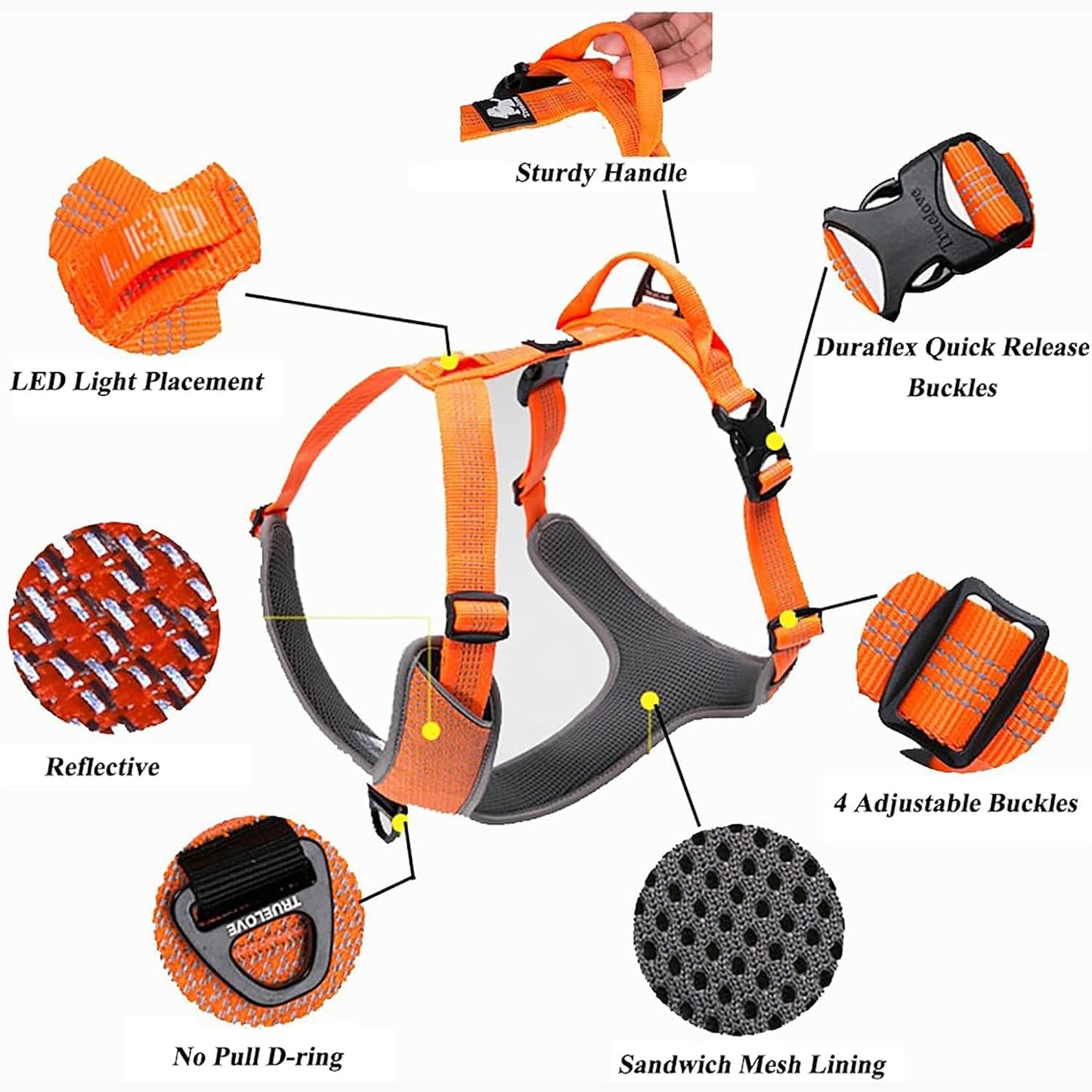 TLH6071 Dog Harness Adjustable Reflective No Pull Durable Vest for Pets Car Travel Outdoor (Orange,M)
