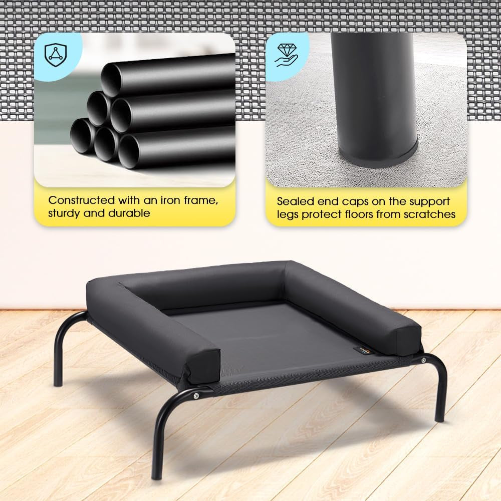 Elevated Cooling Dog Bed with Cushions, Raised Pet Cot for Small Medium Dogs, Portable & Machine-Washable, Non-Slip Rubber Feet, Indoor & Outdoor Use, Black, Medium(88X64X20Cm)