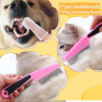 7 Pcs Cat Dog Brush Grooming Kits, Self-Cleaning Slicker Brush, Pet Nail Clipper and File, Flea Comb, Pet Shampoo Bath Brush, Pet Finger Toothbrush, Storage Bag