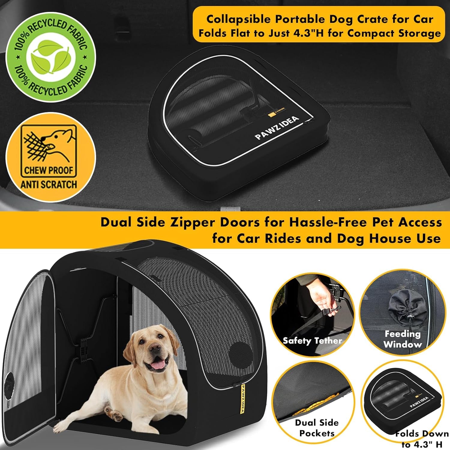 Portable Dog Crate for Car Travel, Collapsible Pet Travel Crates for Medium & Large Dogs, Enclosed Soft-Sided Car Kennel Carrier for Backseat, Secures W/Seatbelt & Headrest Strap, Chew-Proof