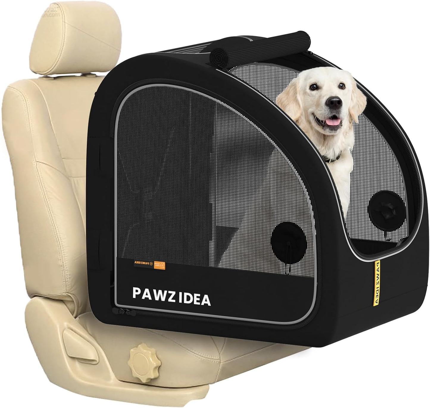 Portable Dog Crate for Car Travel, Collapsible Pet Travel Crates for Medium & Large Dogs, Enclosed Soft-Sided Car Kennel Carrier for Backseat, Secures W/Seatbelt & Headrest Strap, Chew-Proof