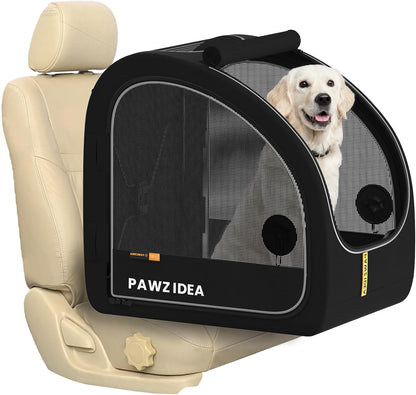 Portable Dog Crate for Car Travel, Collapsible Pet Travel Crates for Medium & Large Dogs, Enclosed Soft-Sided Car Kennel Carrier for Backseat, Secures W/Seatbelt & Headrest Strap, Chew-Proof