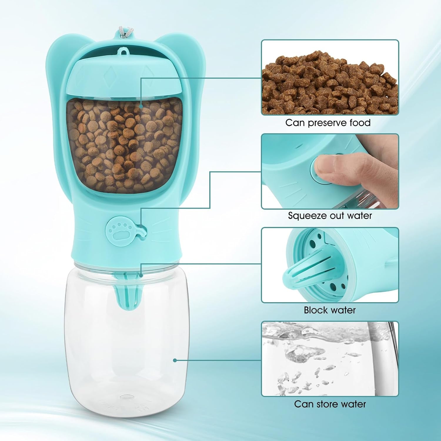 Portable Dogs Water Bottle with Food Storage Container, Leakproof Travel Pets Drinking Water Dispenser Feeder for Outdoor Dog Stuff Accessories Items for Cats, Puppy,For Walking, Hiking (Blue, 350Ml)
