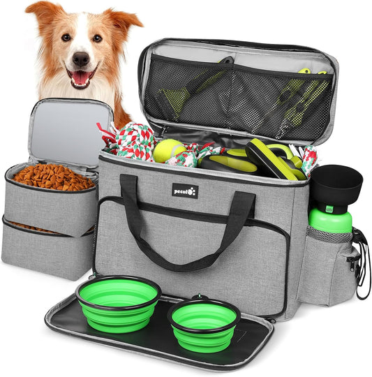 Dog Travel Bag Large, Portable Dog Bag for Travel, Pet Travel Bag with Multi-Function Pockets, Pet Tote Organizer for Outdoor Use Pet Travel Set with 2 Food Bags + 2 Collapsible Bowls