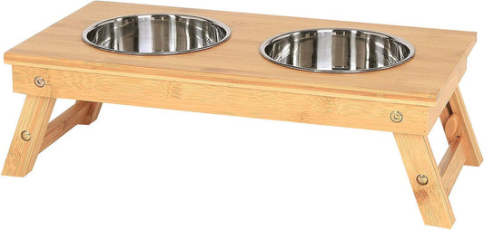 Dog Bowl Height Adjustable Feeding Station Feeding Bar Raised Bowl Rack for Pets Made of Bamboo