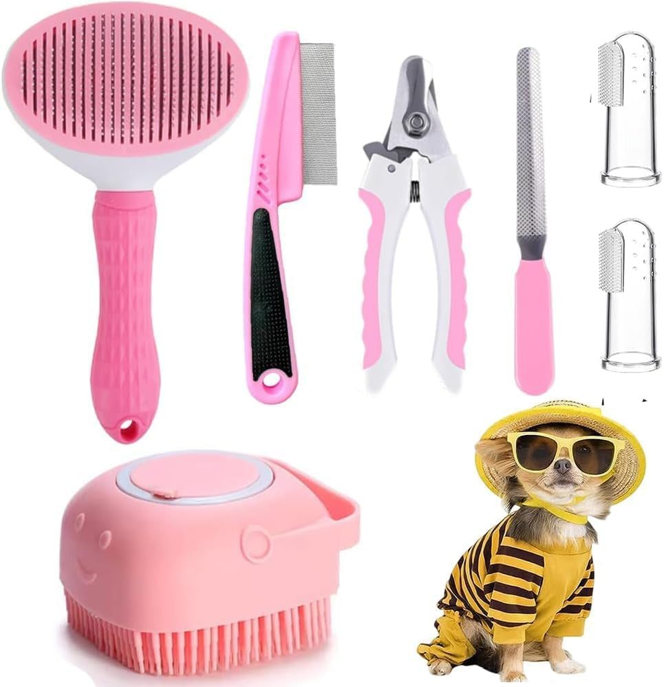 7 Pcs Cat Dog Brush Grooming Kits, Self-Cleaning Slicker Brush, Pet Nail Clipper and File, Flea Comb, Pet Shampoo Bath Brush, Pet Finger Toothbrush, Storage Bag
