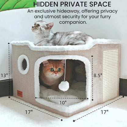 Large Cat Cave Bed for Indoor Cats, Foldable Pet House Cube with Scratch Pad, Kitten Condo Cat Hideaway Cute Hut with Soft Pillow Mat,Beige,17X17X13 Inches
