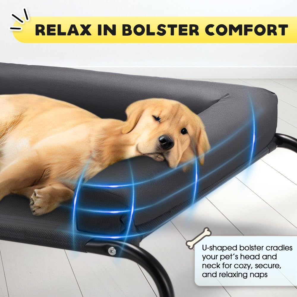 Elevated Cooling Dog Bed with Cushions, Raised Pet Cot for Small Medium Dogs, Portable & Machine-Washable, Non-Slip Rubber Feet, Indoor & Outdoor Use, Black, Medium(88X64X20Cm)