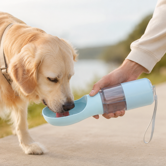 4-in-1 Dog Water Bottle & Food Container Portable Pet Feeder with Waste Bag Dispenser Leak-Proof Travel Mug for Outdoor Walking