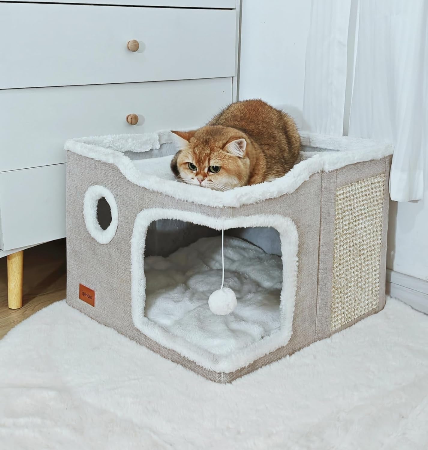 Large Cat Cave Bed for Indoor Cats, Foldable Pet House Cube with Scratch Pad, Kitten Condo Cat Hideaway Cute Hut with Soft Pillow Mat,Beige,17X17X13 Inches