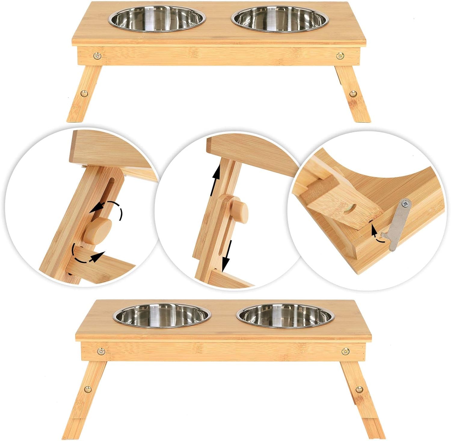 Dog Bowl Height Adjustable Feeding Station Feeding Bar Raised Bowl Rack for Pets Made of Bamboo