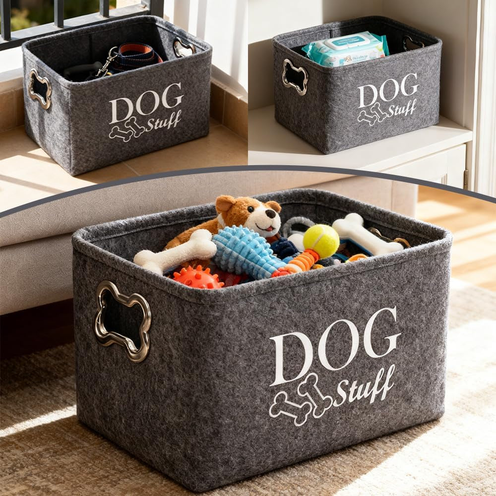 Dog Toy Box, Cute Pet Toy Organiser Bin, Cat Toys Basket Container, Toys Storage Organizer, Dogs Accessories with Handles for a Tidy Living Room