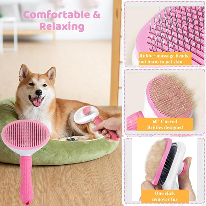 7 Pcs Cat Dog Brush Grooming Kits, Self-Cleaning Slicker Brush, Pet Nail Clipper and File, Flea Comb, Pet Shampoo Bath Brush, Pet Finger Toothbrush, Storage Bag