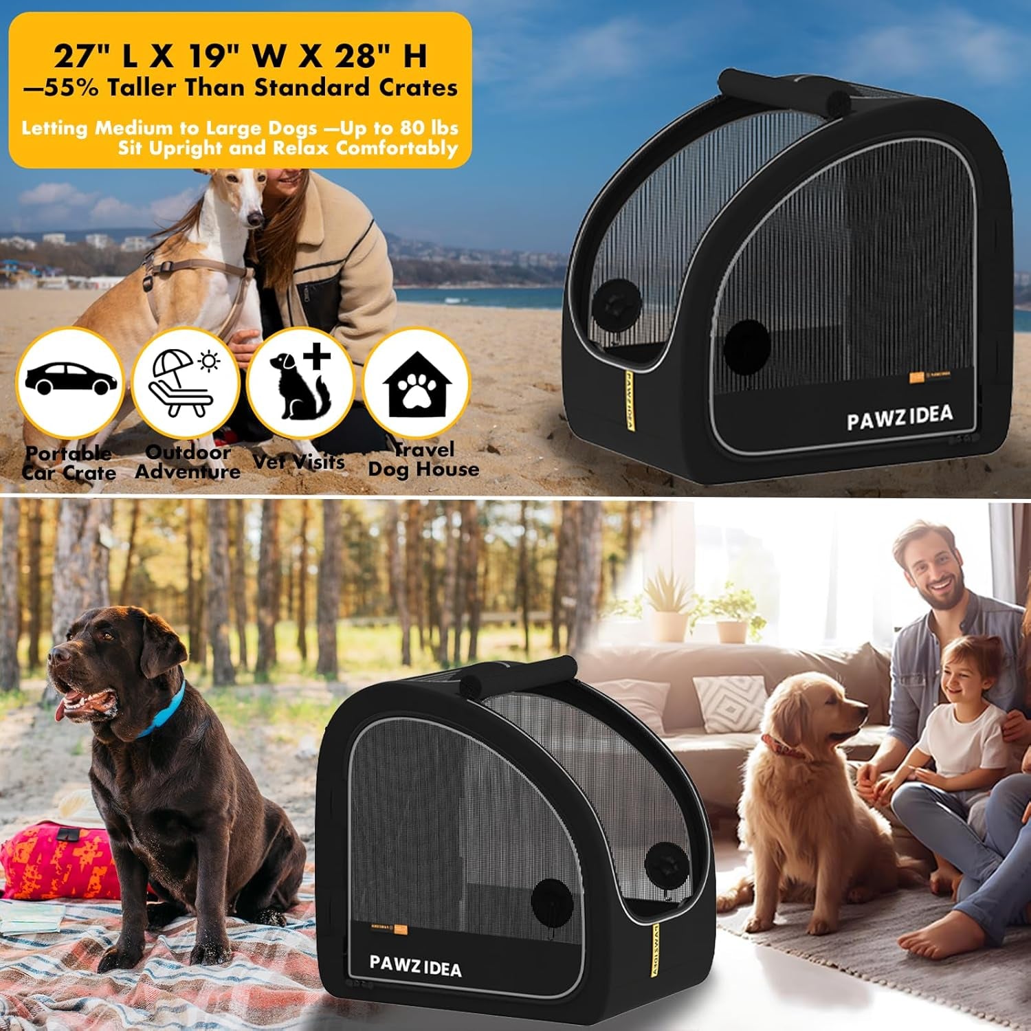Portable Dog Crate for Car Travel, Collapsible Pet Travel Crates for Medium & Large Dogs, Enclosed Soft-Sided Car Kennel Carrier for Backseat, Secures W/Seatbelt & Headrest Strap, Chew-Proof