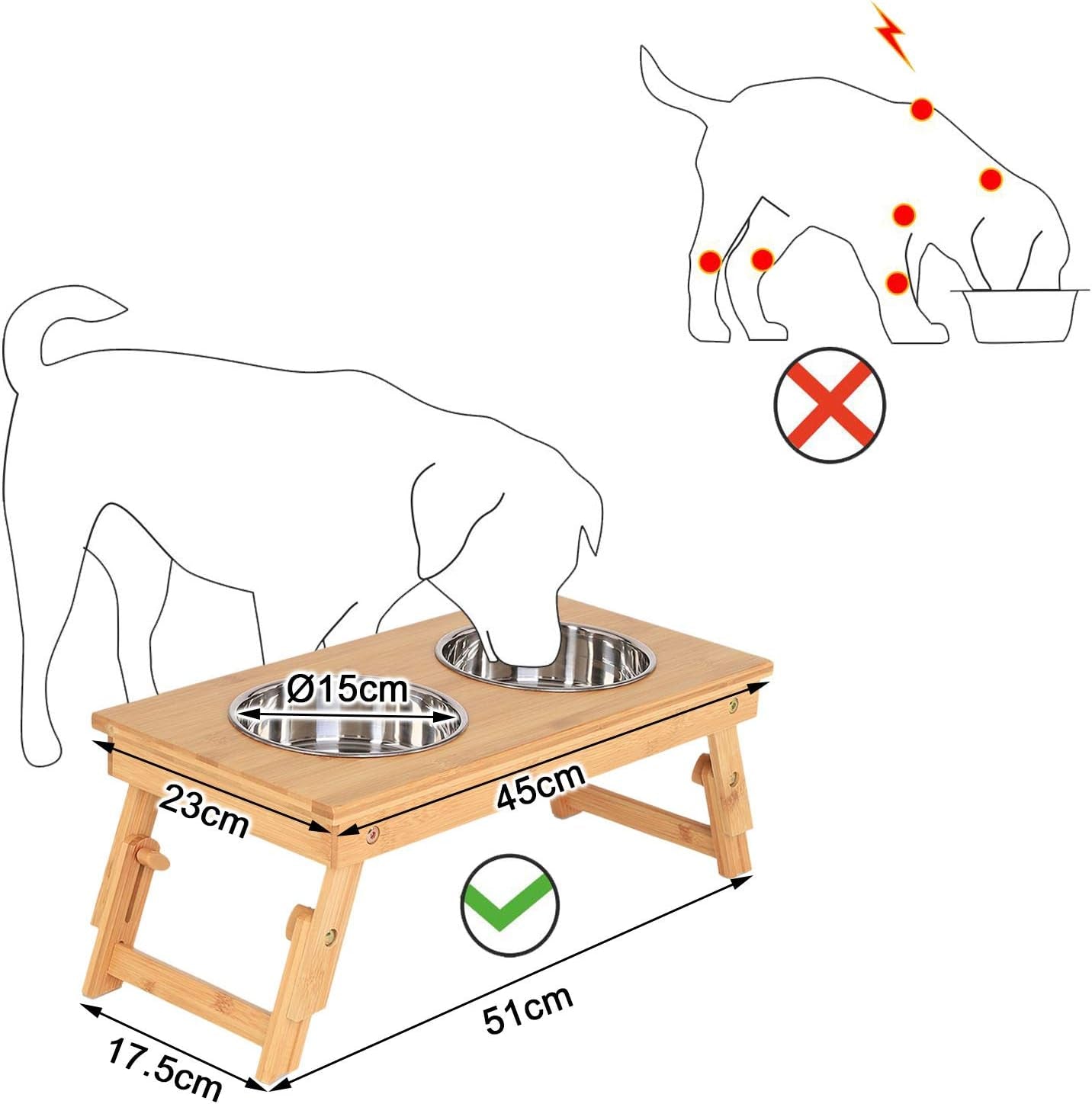 Dog Bowl Height Adjustable Feeding Station Feeding Bar Raised Bowl Rack for Pets Made of Bamboo