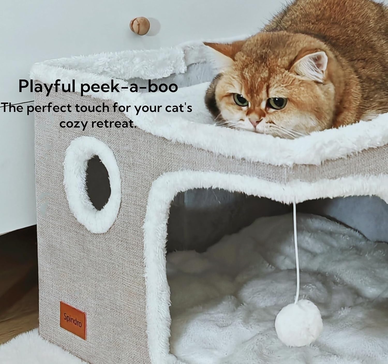 Large Cat Cave Bed for Indoor Cats, Foldable Pet House Cube with Scratch Pad, Kitten Condo Cat Hideaway Cute Hut with Soft Pillow Mat,Beige,17X17X13 Inches