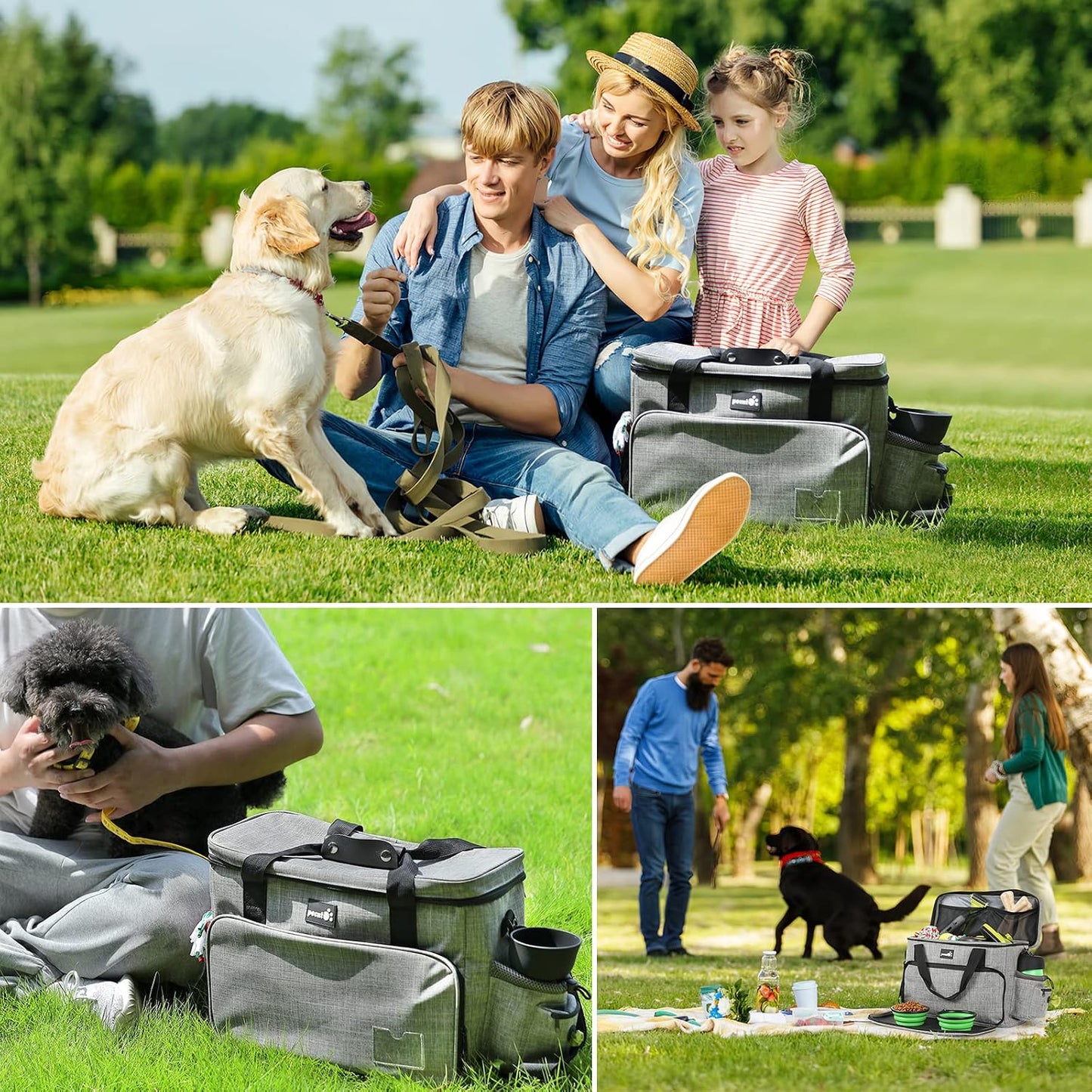 Dog Travel Bag Large, Portable Dog Bag for Travel, Pet Travel Bag with Multi-Function Pockets, Pet Tote Organizer for Outdoor Use Pet Travel Set with 2 Food Bags + 2 Collapsible Bowls