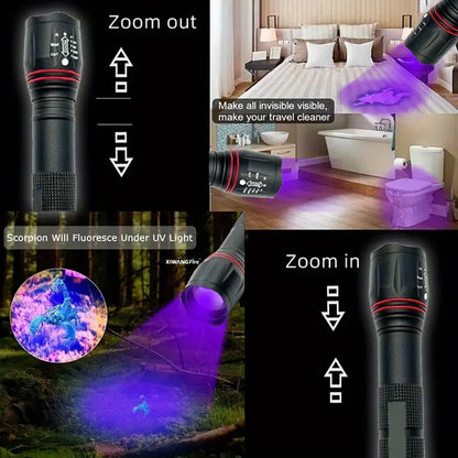 395Nm LED UV Flashlight Rechargeable Zoomable Torch Light for Pet Urine Stain Detector Tools Lantern Money Fluorescer Detector