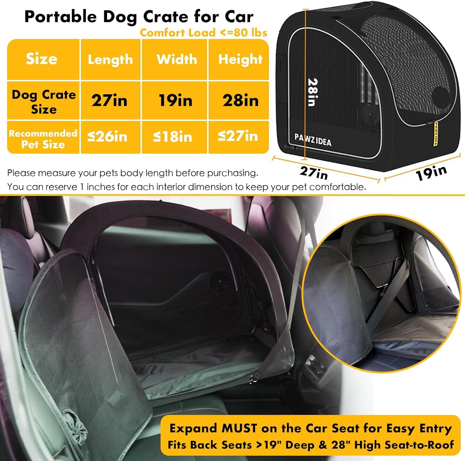 Portable Dog Crate for Car Travel, Collapsible Pet Travel Crates for Medium & Large Dogs, Enclosed Soft-Sided Car Kennel Carrier for Backseat, Secures W/Seatbelt & Headrest Strap, Chew-Proof