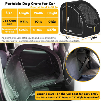 Portable Dog Crate for Car Travel, Collapsible Pet Travel Crates for Medium & Large Dogs, Enclosed Soft-Sided Car Kennel Carrier for Backseat, Secures W/Seatbelt & Headrest Strap, Chew-Proof