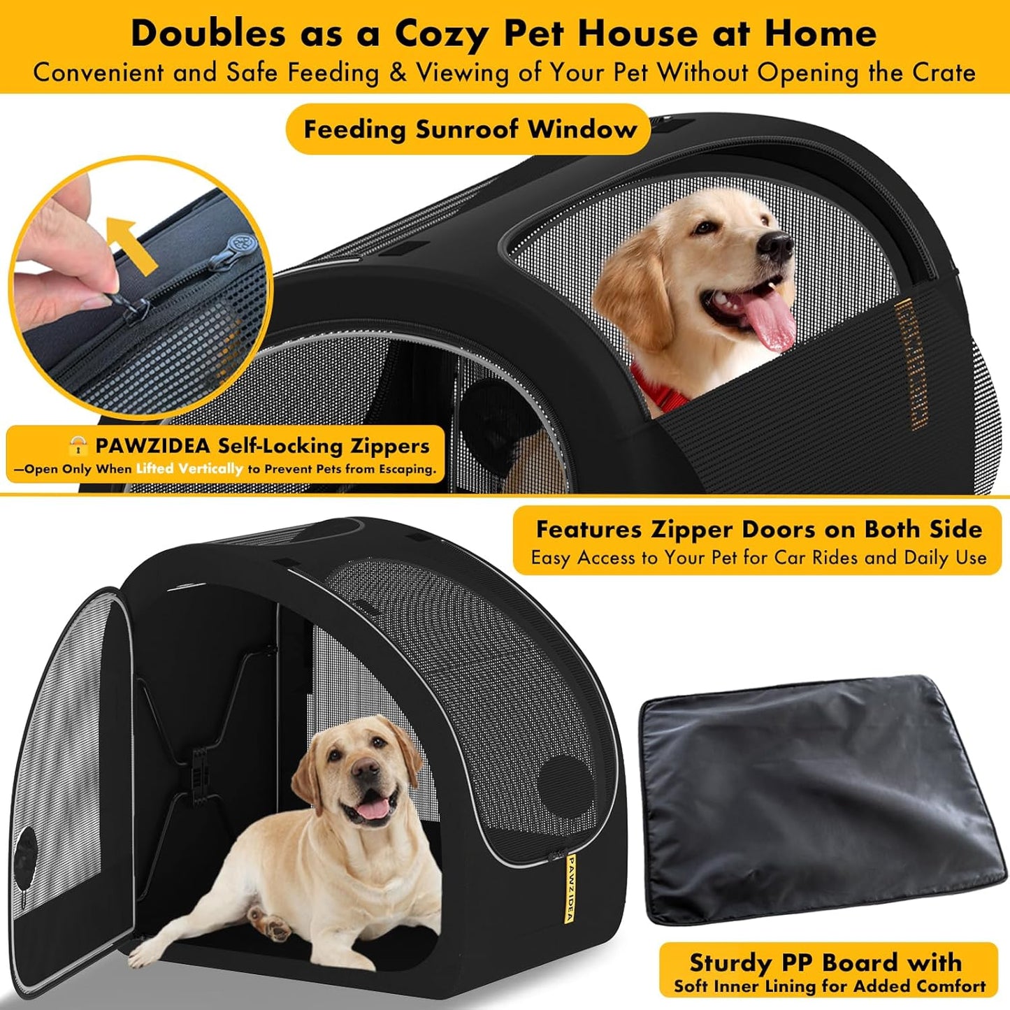 Portable Dog Crate for Car Travel, Collapsible Pet Travel Crates for Medium & Large Dogs, Enclosed Soft-Sided Car Kennel Carrier for Backseat, Secures W/Seatbelt & Headrest Strap, Chew-Proof