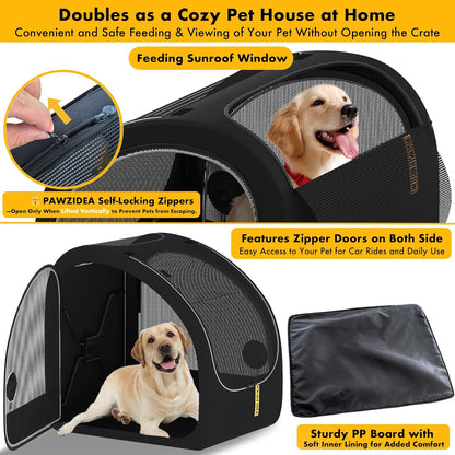 Portable Dog Crate for Car Travel, Collapsible Pet Travel Crates for Medium & Large Dogs, Enclosed Soft-Sided Car Kennel Carrier for Backseat, Secures W/Seatbelt & Headrest Strap, Chew-Proof