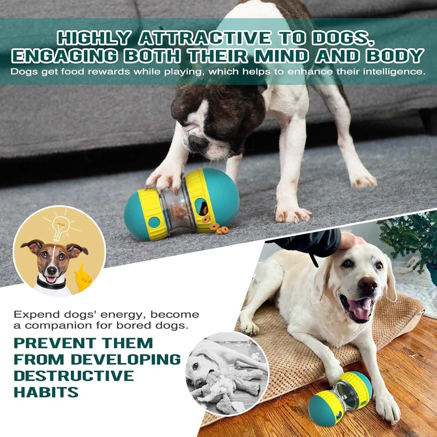 Interactive Dog Puzzle Toy - Adjustable Food Dispensing Ball & Slow Feeder Enrichment Training Toy for Small, Medium, Large Dogs - Fun Interactive Dog Toys