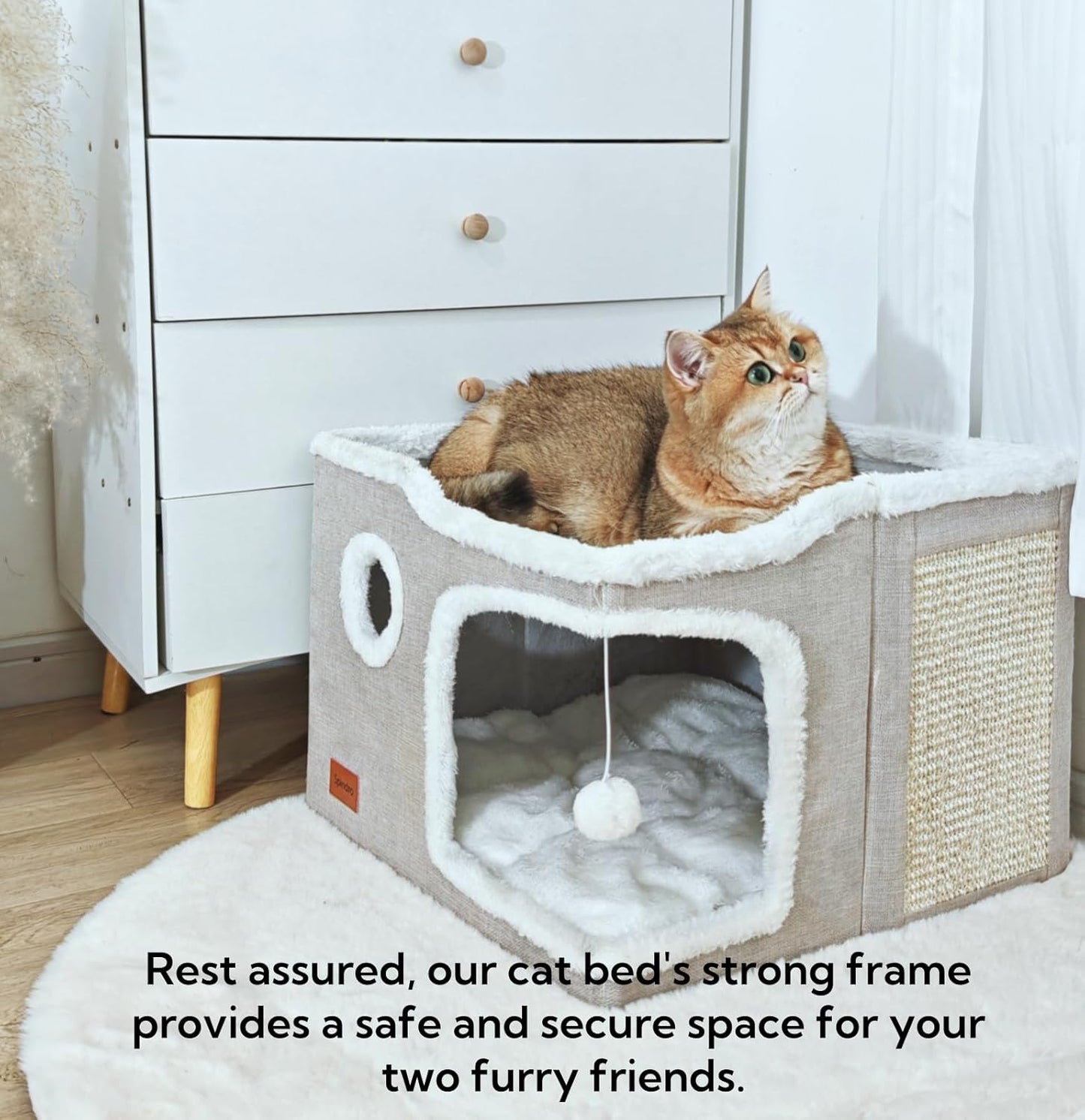 Large Cat Cave Bed for Indoor Cats, Foldable Pet House Cube with Scratch Pad, Kitten Condo Cat Hideaway Cute Hut with Soft Pillow Mat,Beige,17X17X13 Inches
