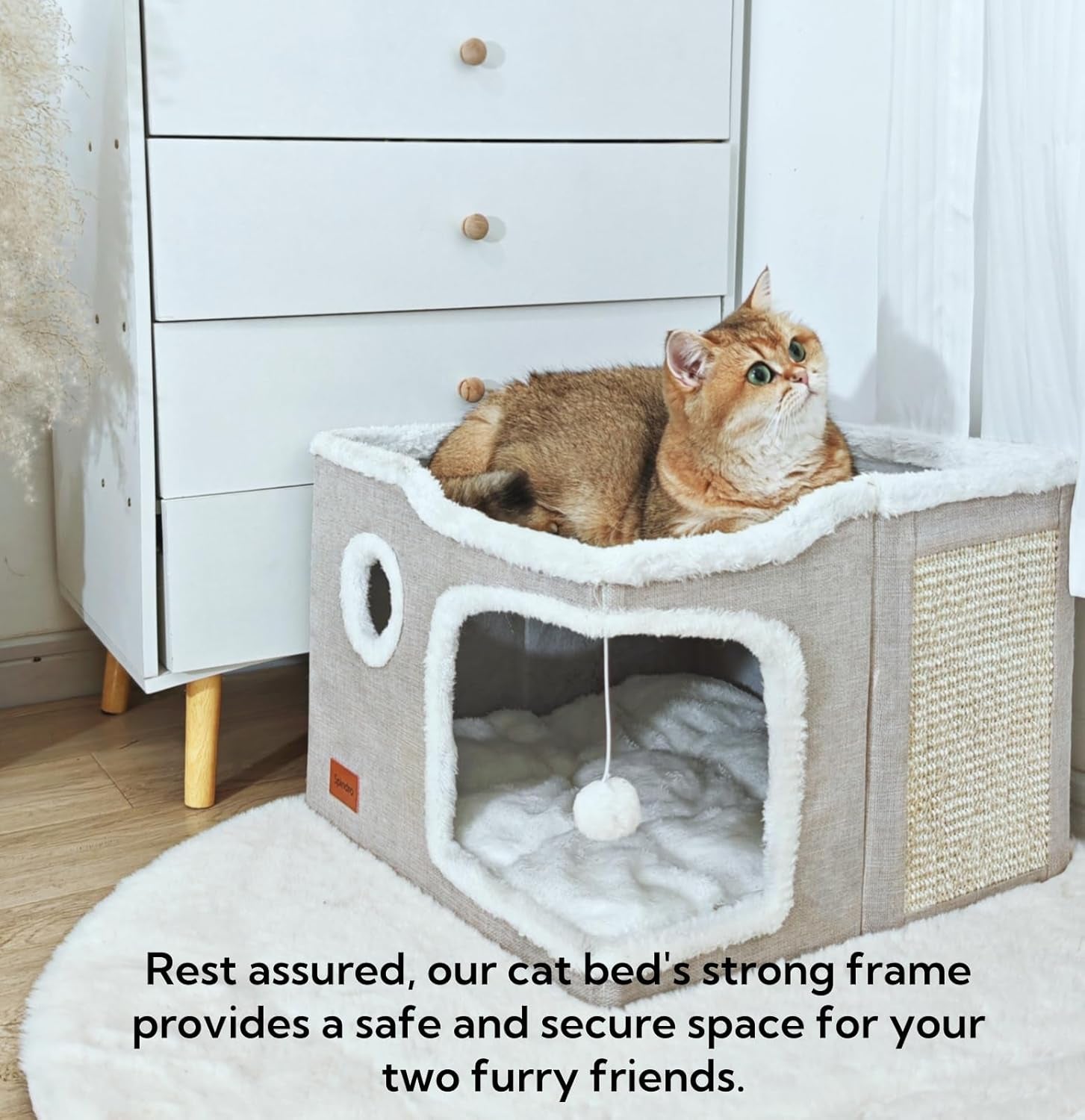 Large Cat Cave Bed for Indoor Cats, Foldable Pet House Cube with Scratch Pad, Kitten Condo Cat Hideaway Cute Hut with Soft Pillow Mat,Beige,17X17X13 Inches