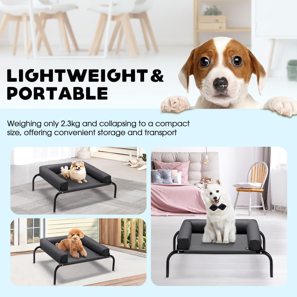 Elevated Cooling Dog Bed with Cushions, Raised Pet Cot for Small Medium Dogs, Portable & Machine-Washable, Non-Slip Rubber Feet, Indoor & Outdoor Use, Black, Medium(88X64X20Cm)
