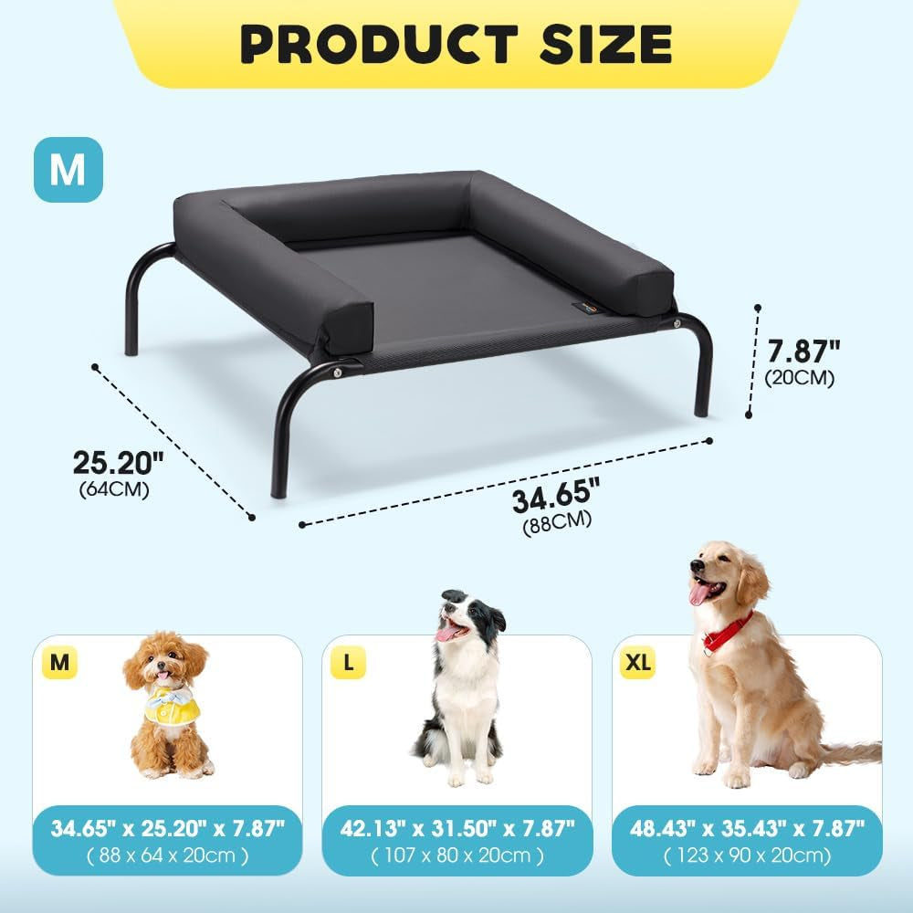 Elevated Cooling Dog Bed with Cushions, Raised Pet Cot for Small Medium Dogs, Portable & Machine-Washable, Non-Slip Rubber Feet, Indoor & Outdoor Use, Black, Medium(88X64X20Cm)