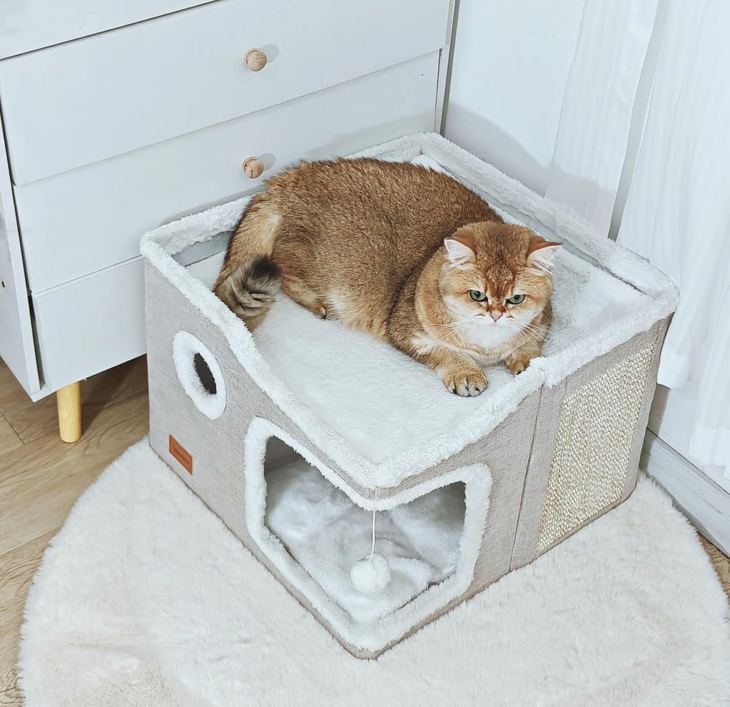 Large Cat Cave Bed for Indoor Cats, Foldable Pet House Cube with Scratch Pad, Kitten Condo Cat Hideaway Cute Hut with Soft Pillow Mat,Beige,17X17X13 Inches