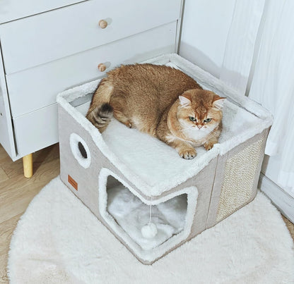 Large Cat Cave Bed for Indoor Cats, Foldable Pet House Cube with Scratch Pad, Kitten Condo Cat Hideaway Cute Hut with Soft Pillow Mat,Beige,17X17X13 Inches