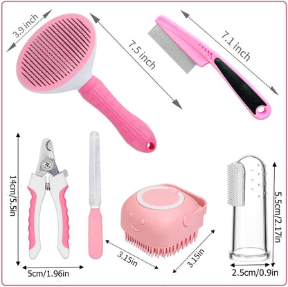 7 Pcs Cat Dog Brush Grooming Kits, Self-Cleaning Slicker Brush, Pet Nail Clipper and File, Flea Comb, Pet Shampoo Bath Brush, Pet Finger Toothbrush, Storage Bag