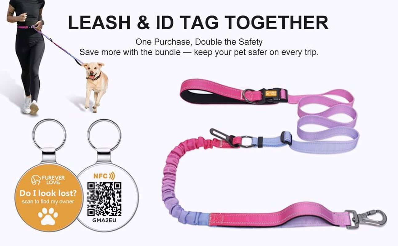 Hands-Free Reflective Dog Leash with Bungee, Seatbelt Clip & Smart ID Tag (QR + NFC) – Durable Multifunction Pet Leash for Walking, Running, Travel & Outdoor Use – Blue Pink Gradient