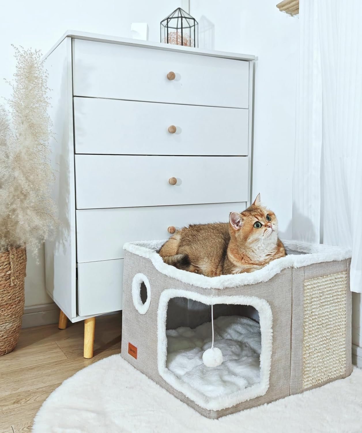 Large Cat Cave Bed for Indoor Cats, Foldable Pet House Cube with Scratch Pad, Kitten Condo Cat Hideaway Cute Hut with Soft Pillow Mat,Beige,17X17X13 Inches
