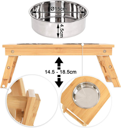 Dog Bowl Height Adjustable Feeding Station Feeding Bar Raised Bowl Rack for Pets Made of Bamboo