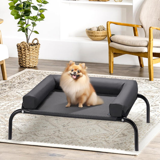 Elevated Cooling Dog Bed with Cushions, Raised Pet Cot for Small Medium Dogs, Portable & Machine-Washable, Non-Slip Rubber Feet, Indoor & Outdoor Use, Black, Medium(88X64X20Cm)