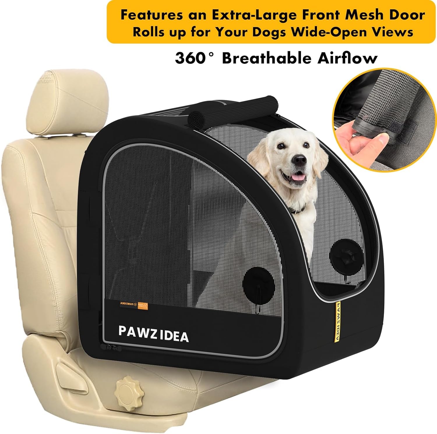 Portable Dog Crate for Car Travel, Collapsible Pet Travel Crates for Medium & Large Dogs, Enclosed Soft-Sided Car Kennel Carrier for Backseat, Secures W/Seatbelt & Headrest Strap, Chew-Proof