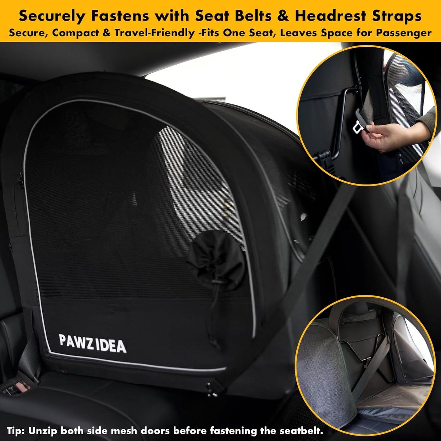 Portable Dog Crate for Car Travel, Collapsible Pet Travel Crates for Medium & Large Dogs, Enclosed Soft-Sided Car Kennel Carrier for Backseat, Secures W/Seatbelt & Headrest Strap, Chew-Proof