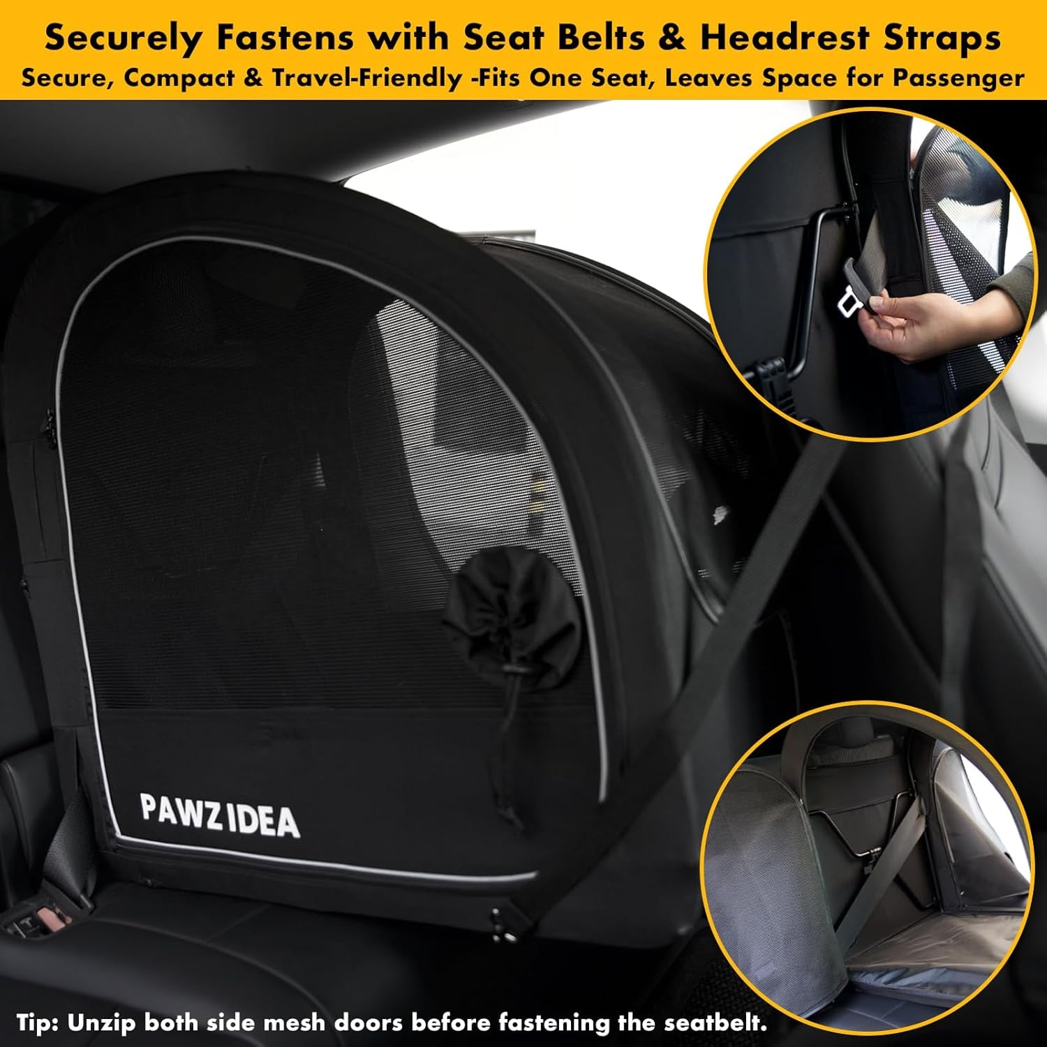 Portable Dog Crate for Car Travel, Collapsible Pet Travel Crates for Medium & Large Dogs, Enclosed Soft-Sided Car Kennel Carrier for Backseat, Secures W/Seatbelt & Headrest Strap, Chew-Proof