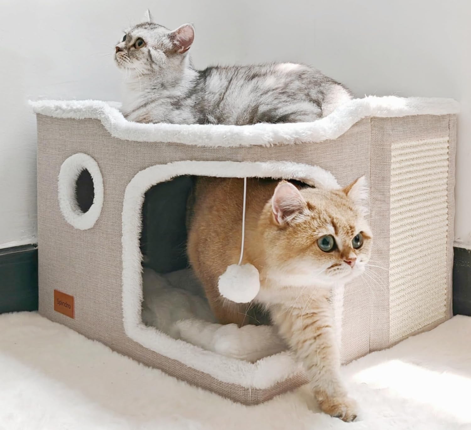 Large Cat Cave Bed for Indoor Cats, Foldable Pet House Cube with Scratch Pad, Kitten Condo Cat Hideaway Cute Hut with Soft Pillow Mat,Beige,17X17X13 Inches