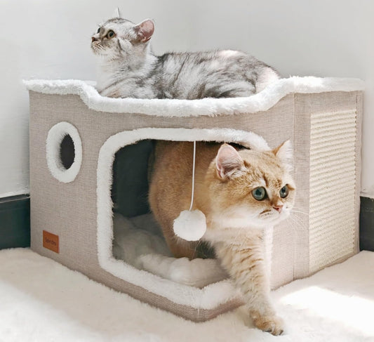 Large Cat Cave Bed for Indoor Cats, Foldable Pet House Cube with Scratch Pad, Kitten Condo Cat Hideaway Cute Hut with Soft Pillow Mat,Beige,17X17X13 Inches