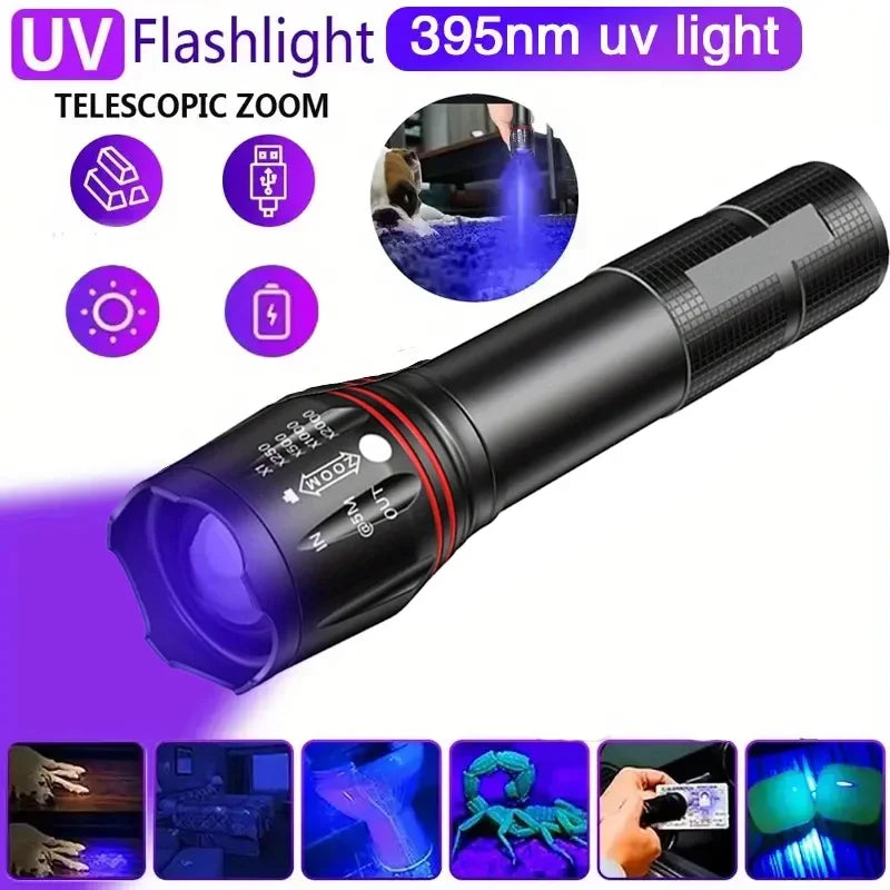 395Nm LED UV Flashlight Rechargeable Zoomable Torch Light for Pet Urine Stain Detector Tools Lantern Money Fluorescer Detector