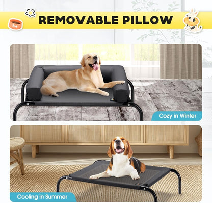Elevated Cooling Dog Bed with Cushions, Raised Pet Cot for Small Medium Dogs, Portable & Machine-Washable, Non-Slip Rubber Feet, Indoor & Outdoor Use, Black, Medium(88X64X20Cm)