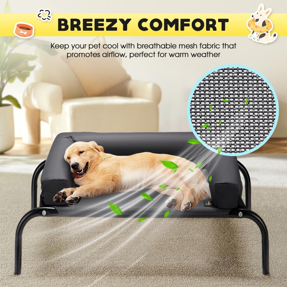 Elevated Cooling Dog Bed with Cushions, Raised Pet Cot for Small Medium Dogs, Portable & Machine-Washable, Non-Slip Rubber Feet, Indoor & Outdoor Use, Black, Medium(88X64X20Cm)