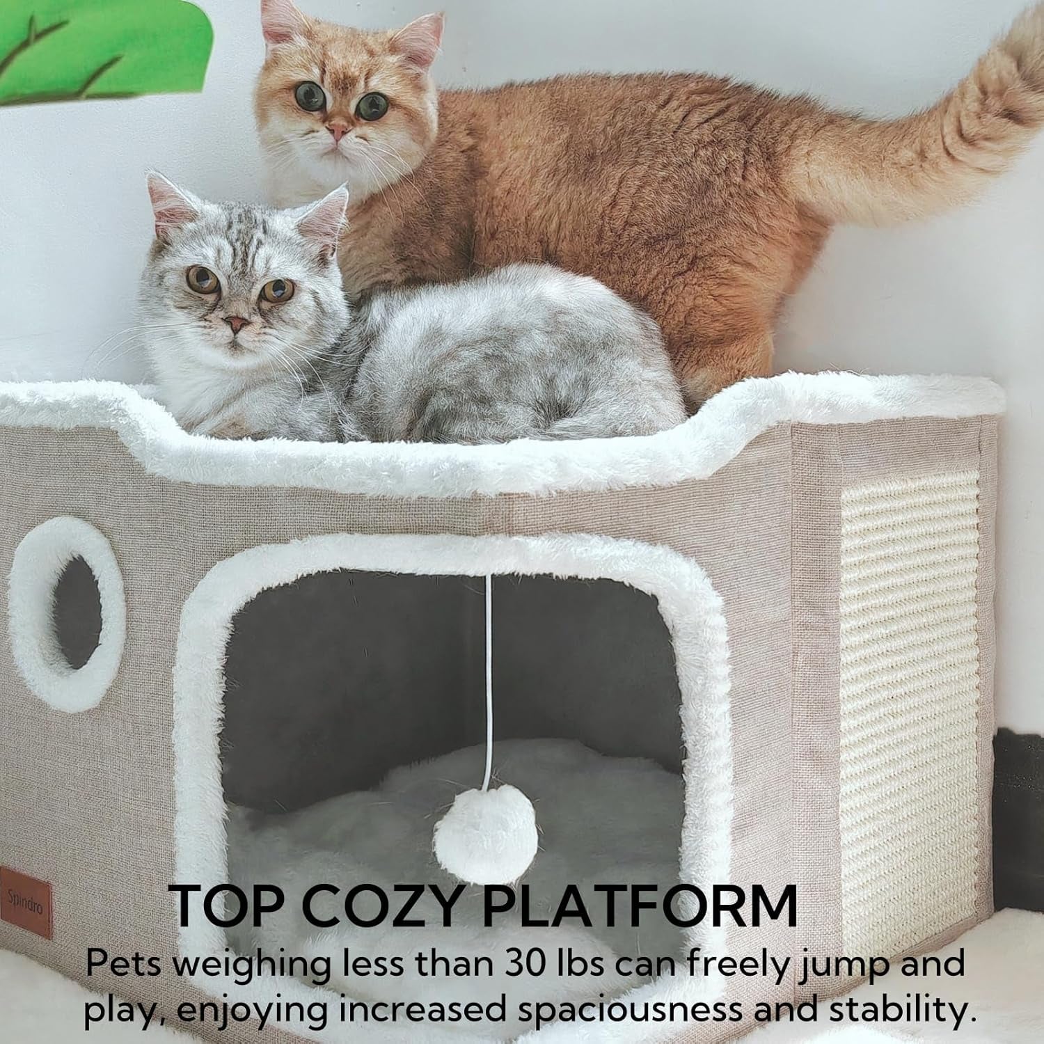 Large Cat Cave Bed for Indoor Cats, Foldable Pet House Cube with Scratch Pad, Kitten Condo Cat Hideaway Cute Hut with Soft Pillow Mat,Beige,17X17X13 Inches